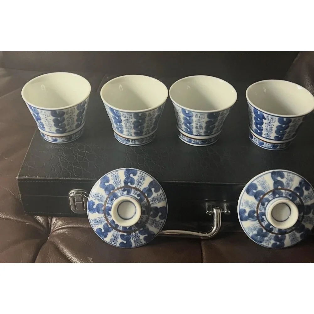 Chinese Blue White Porcelain Gaiwan Tea Cups Longevity Character Set 6pcs VTG
